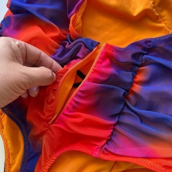 H:ours Revolve Bodysuit Lace Up Orange Blue Tie Dye Mesh Strappy Thong Top Small - Picture 10 of 13